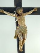 ANTIQUE CONTINENTAL CARVED WOOD CRUCIFIX, painted gesso with metal crown and thorns, stepped base,