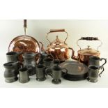 ASSORTED METALWARE, including two copper kettles, copper warming pan, large group of antique