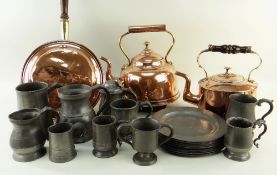 ASSORTED METALWARE, including two copper kettles, copper warming pan, large group of antique