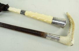 A GOOD GEORGE V PARASOL & SIMILAR CARRIAGE WHIP, the parasol with silver mounted ivory handle carved