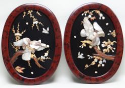 PAIR JAPANESE MOTHER OF PEARL & BONE INLAID OVAL PLAQUES, decorated with eagles perches on flowering