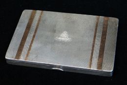 GEORGE VI SILVER & YELLOW METAL BANDED MILITARY CIGARETTE BOX, Birmingham 1948 by W H Manton, engine