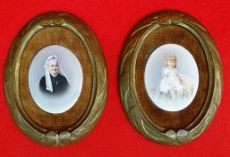 PAIR GERMAN PORCELAIN PORTRAIT PLAQUES, decorated by Franz Till of an infant girl with toy teaset