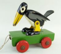 VINTAGE 1940's WOOD PULL ALONG CROW TOY, modelled after the characters from the Disney animated