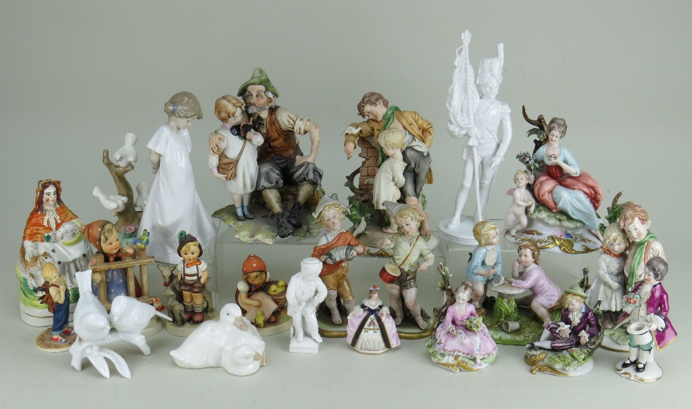 ASSORTED CHINA FIGURINES, including three Hummel figures, pair of continental child musicians,
