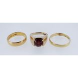 THREE GOLD RINGS, incl 18ct garnet ring, 18ct wedding band (cut), and 22ct wedding band (3)