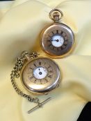 TWO GENTS HALF HUNTER POCKET WATCHES comprising Dennison gold plated example with T-bar chain,