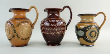 THREE DOULTON LAMBETH 'MOTTO' JUGS with applied decoration and verses 'Straight is the line of