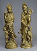 PAIR CHINESE CARVED GILTWOOD FIGURES, probably depicting Immortals, 40cms high (2)