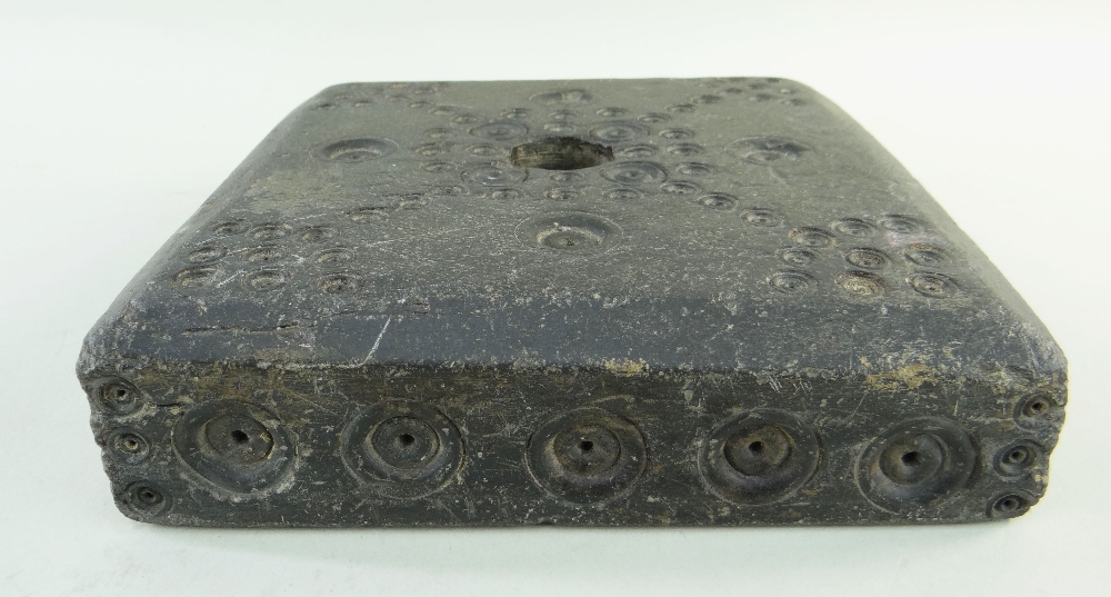ANTIQUE WELSH SLATE SQUARE BASE, with chamfered angles, ornamented with concentric circles, - Image 2 of 3
