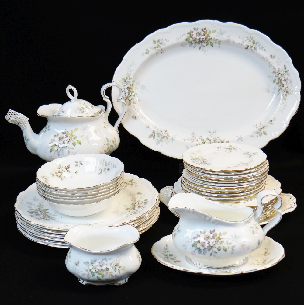 ROYAL ALBERT 'HAWORTH' BONE CHINA DINNER SET FOR SIX, including two tureens, teapot, sauce boat