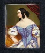 19TH CENTURY BERLIN PORCELAIN PLAQUE, painted with a portrait of a lady in blue and white silk