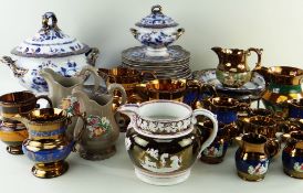 ASSORTED VICTORIAN POTTERY JUGS & DINNERWARES, including copper lustre jugs, moulded jugs, floral