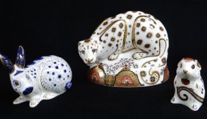 THREE ROYAL CROWN DERBY BONE CHINA PAPERWEIGHTS, comprising Snow Leopard 16cms wide, Mouse 7.5cms