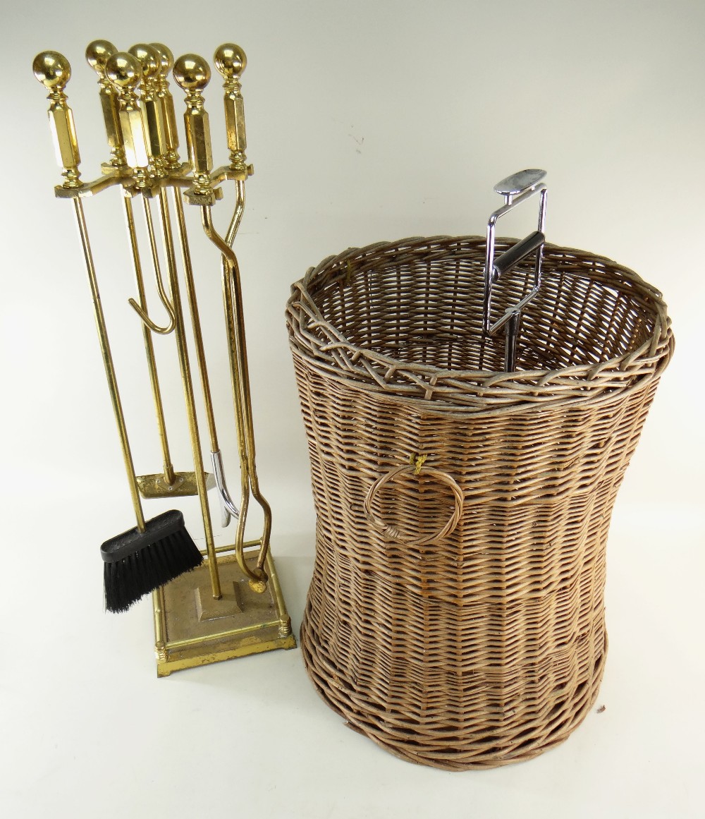BRASS FIVE-PIECE FIRE COMPANION SET, on stand, together with wicker laundry bin and toilet roll