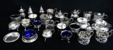 ASSORTED SILVER CRUETS & TEA HOLDERS including pair of late Victorian lemon tea glass holders