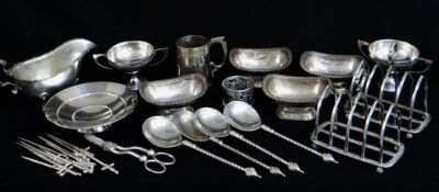 ASSORTED SILVER & PLATE, including pair George V silver five-bar toasters, 11.5cms long, pair George