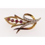 9CT GOLD RUBY & DIAMOND CHIP BROOCH of leaf design, 4.1gms