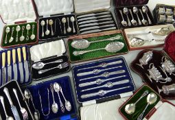 ASSORTED BOXED SILVER & PLATED FLATWARE & CUTLERY, including set of six silver lobster picks, set