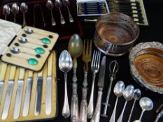 ASSORTED SILVER & PLATED FLATWARE AND CUTLERY, including boxed set six guilloche enamel coffee