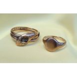 GOLD RINGS comprising 9ct gold snake ring and a 9ct gold signet ring, 7.8gms overall (2)