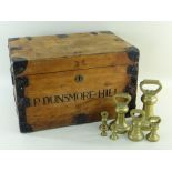 GRADUATED GROUP OF BRASS BUTCHERS IMPERIAL WEIGHTS,AND A TUCK BOX