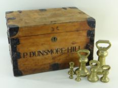 GRADUATED GROUP OF BRASS BUTCHERS IMPERIAL WEIGHTS,AND A TUCK BOX