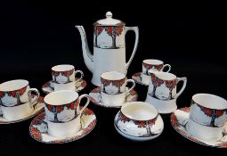 CROWN DUCAL ART DECO BONE CHINA COFFEE SET FOR SIX, pattern 'A1211', black printed and red enamelled