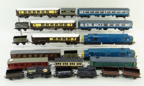 ASSORTED TRI-ANG & HORNBY 00 GAUGE TRAINS, plastic and tinplate, including stations and buildings,