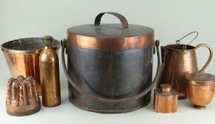 ASSORTED VINTAGE DOMESTIC METALWARE, including large copper cooking pan and cover, cast iton