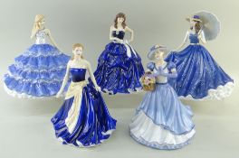 FIVE ROYAL DOULTON BLUE DRESSED FIGURINES, comprising:- HN5772 Charlotte HN5797 Hannah HN5114 Olivia