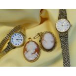 ASSORTED JEWELLERY & WATCHES comprising 9ct gold set carved cameo brooch, carved cameo brooch in
