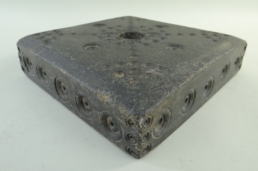 ANTIQUE WELSH SLATE SQUARE BASE, with chamfered angles, ornamented with concentric circles,