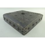 ANTIQUE WELSH SLATE SQUARE BASE, with chamfered angles, ornamented with concentric circles,