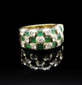 18CT GOLD DIAMOND & EMERALD TRIPLE ROW RING, ring size I, 6.8gms