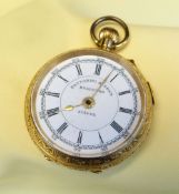 18K SWISS GOLD LADIES FOB WATCH, Fattorini & Sons, Bradford, topwind open faced, signed Roman enamel