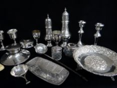 ASSORTED SILVER & PLATE, including Elizabeth II silver candlesticks (loaded), 14cms high, Greek