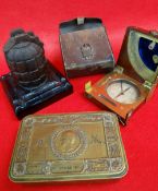 ASSORTED MILITARIA & TRAVEL INSTRUMENTS comprising WWI Princess Anne brass Christmas tin 1914 (