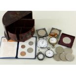 ASSORTED COINS, WATCHES & JEWELLERY comprising fob watch, two small pocket watches, stop watch,