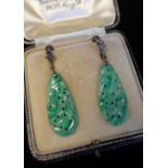 PAIR OF CHINESE JADEITE DROP EARRINGS, pierced and carved floral oval flat drops to fleur-de-lis