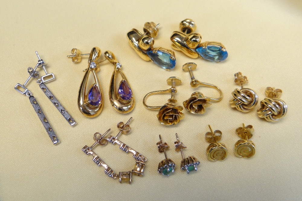 ASSORTED EARRINGS comprising eight pairs including 18ct gold and 9ct gold, gem set ETC