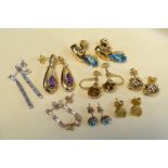 ASSORTED EARRINGS comprising eight pairs including 18ct gold and 9ct gold, gem set ETC