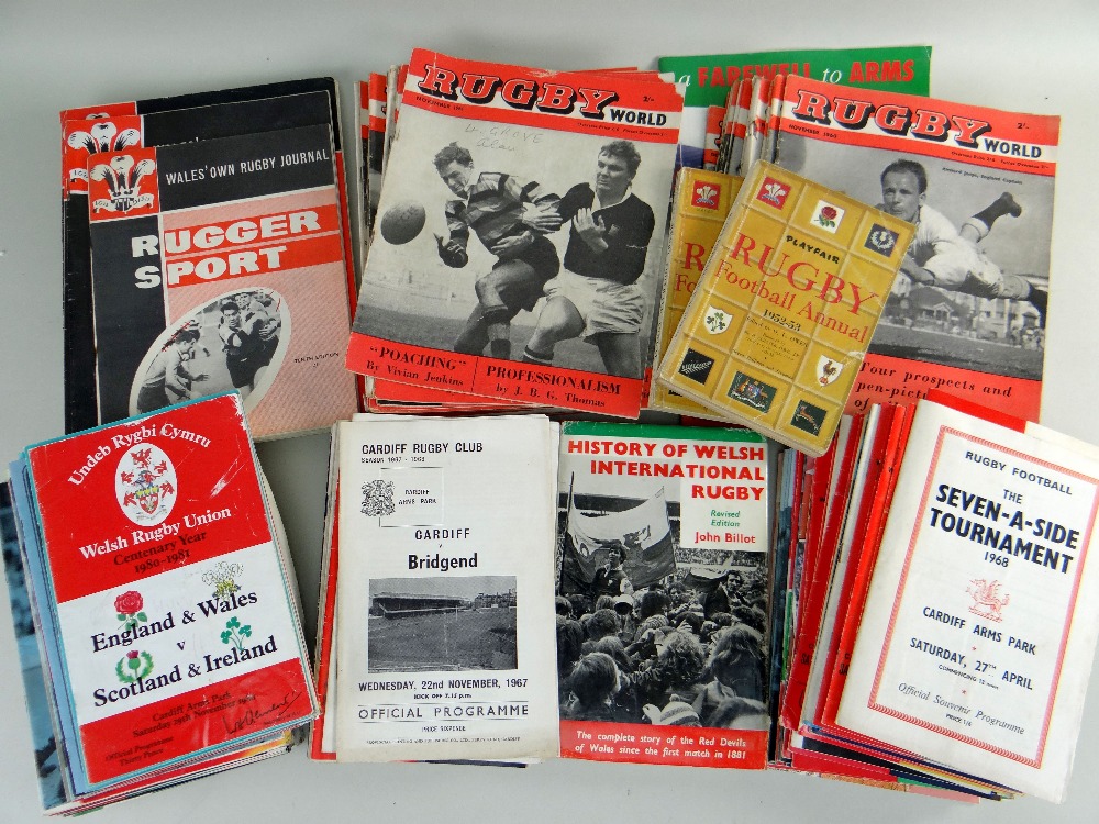 BOX OF RUGBY PUBLICATIONS & PROGRAMS including 1960s 'Rugger Sport' and 'Rugby World', International