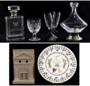 ASSORTED TABLE GLASS & ORNAMENTS, including modern silver mounted spirit decanter with engraved