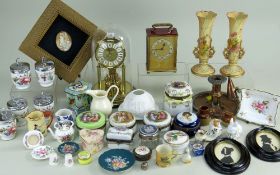 ASSORTED CERAMICS & CLOCKS, including continental trinket boxes, copper lustre, anniversary clock,