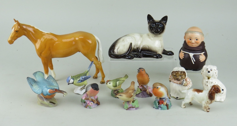 BESWICK & ROYAL WORCESTER FIGURINES, including Beswick Siamese cat, Beswick 1484 palomino hunter,