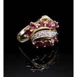 14K GOLD RUBY & DIAMOND TRIPLE ROW RING, ring size L / M, 6.3gms