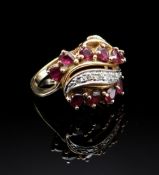 14K GOLD RUBY & DIAMOND TRIPLE ROW RING, ring size L / M, 6.3gms