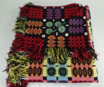 WELSH ALLTCAFAN TAPESTRY BLANKET, red, lemon, blue, black and cream, fringe and blanket stitched,