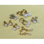 ASSORTED PEARL EARRINGS comprising seven pairs including diamond chip and 9ct gold